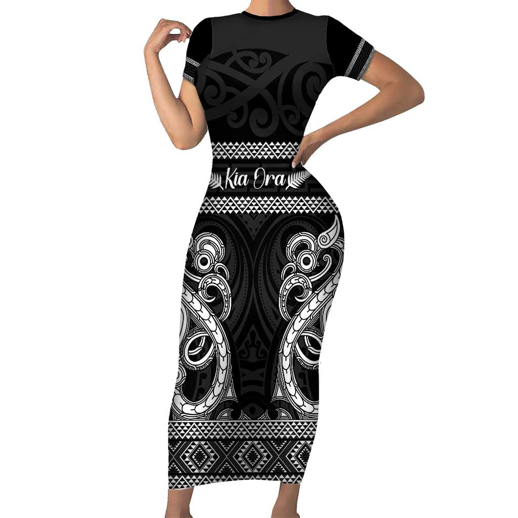 Kia Ora New Zealand Family Matching Short Sleeve Bodycon Dress and Hawaiian Shirt Maori Language Week Pango Taniko Motif LT14 Mom's Dress Black - Polynesian Pride