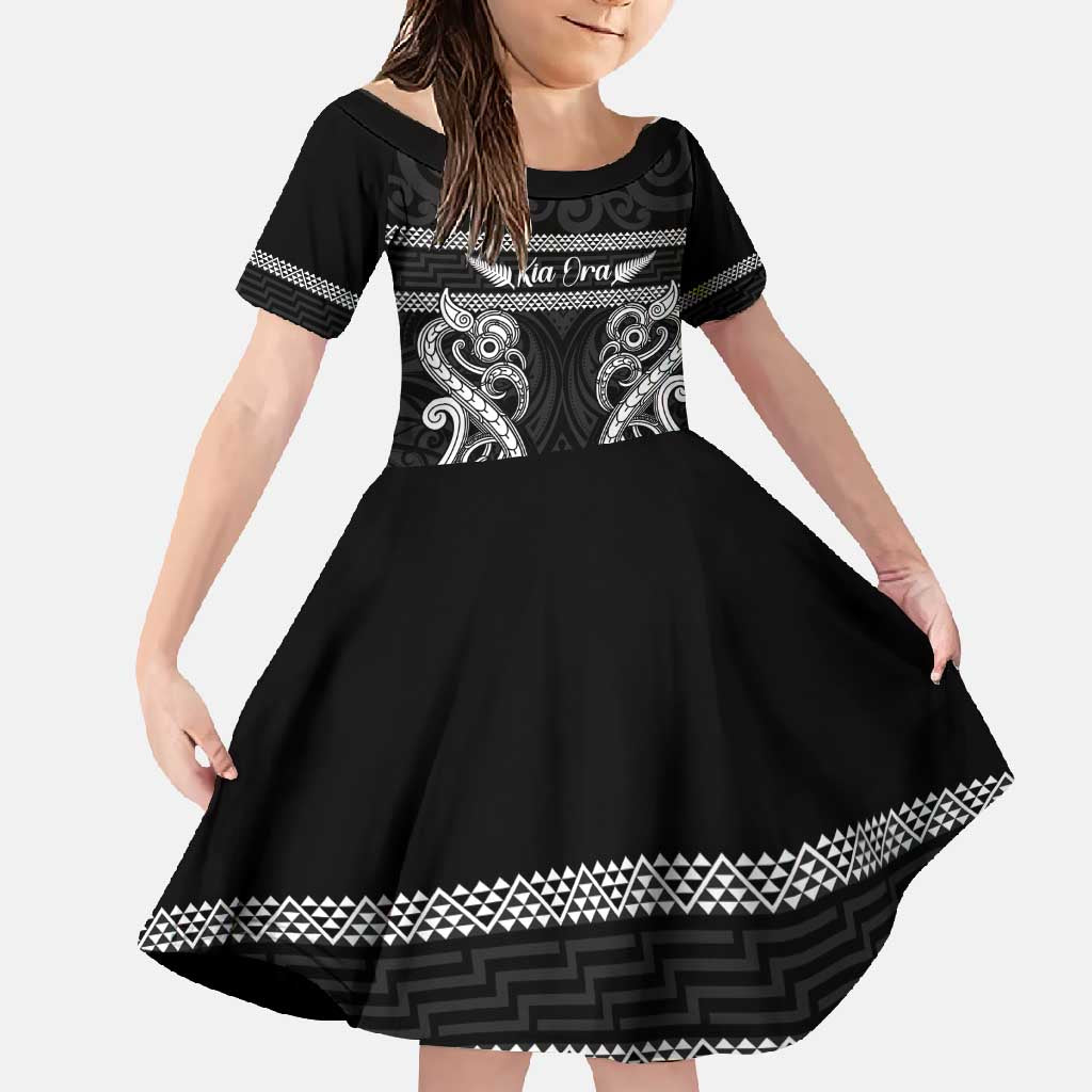 Kia Ora New Zealand Family Matching Summer Maxi Dress and Hawaiian Shirt Maori Language Week Pango Taniko Motif LT14 Daughter's Dress Black - Polynesian Pride