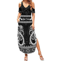 Kia Ora New Zealand Family Matching Summer Maxi Dress and Hawaiian Shirt Maori Language Week Pango Taniko Motif LT14 Mom's Dress Black - Polynesian Pride