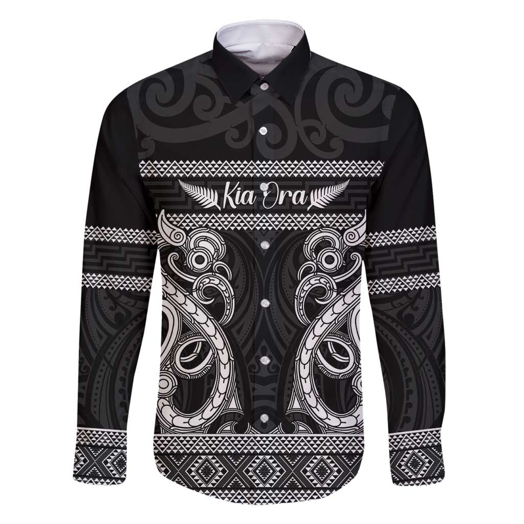 Kia Ora New Zealand Family Matching Tank Maxi Dress and Hawaiian Shirt Maori Language Week Pango Taniko Motif LT14 Dad's Shirt - Long Sleeve Black - Polynesian Pride