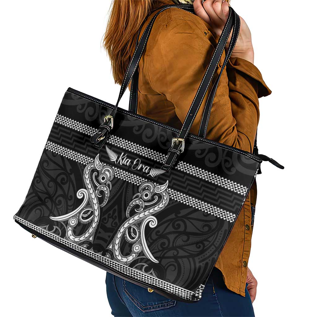 Kia Ora New Zealand Leather Tote Bag Maori Language Week Pango Taniko Motif - Polynesian Pride
