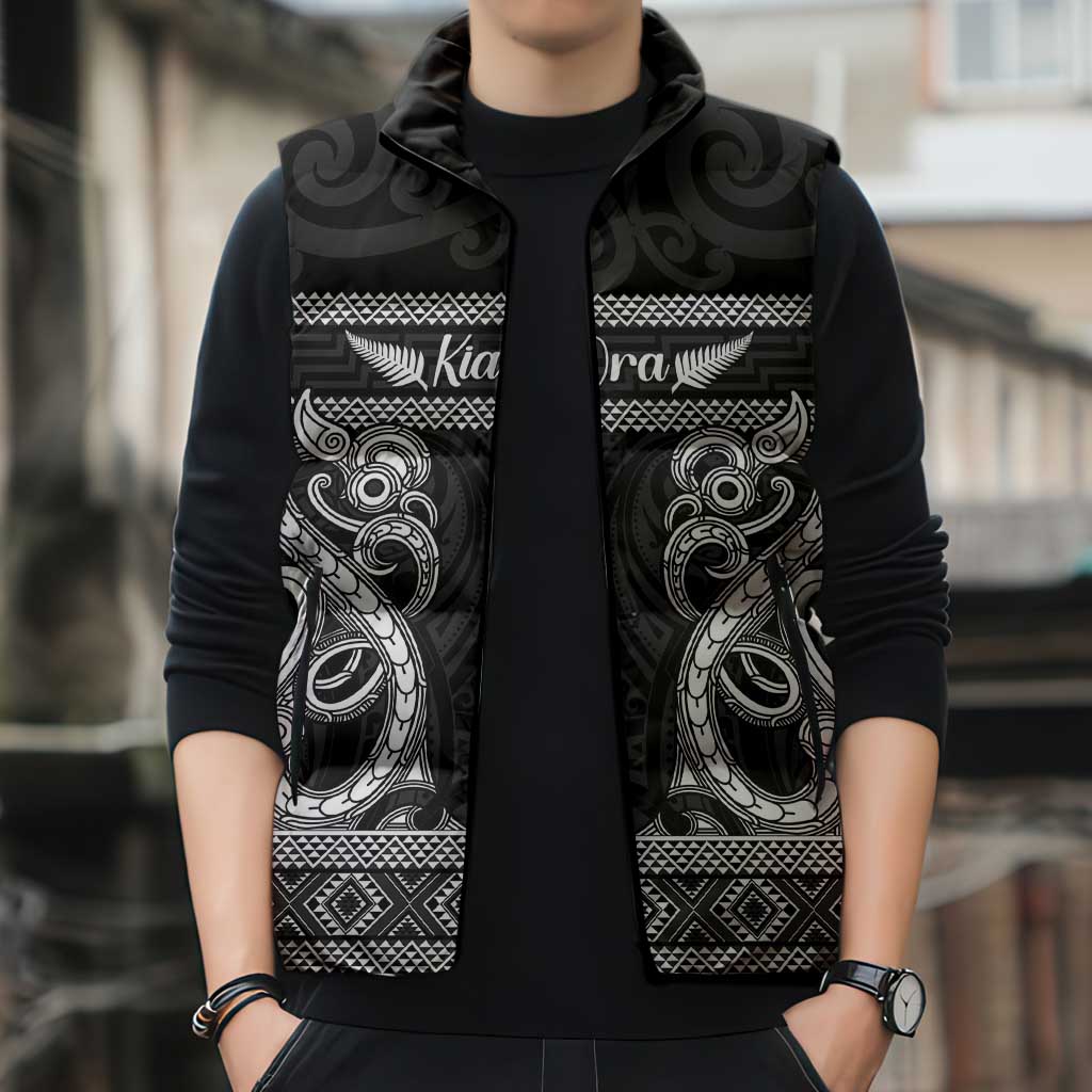 Kia Ora New Zealand Sleeveless Puffer Jacket Maori Language Week Pango Taniko Motif - Polynesian Pride