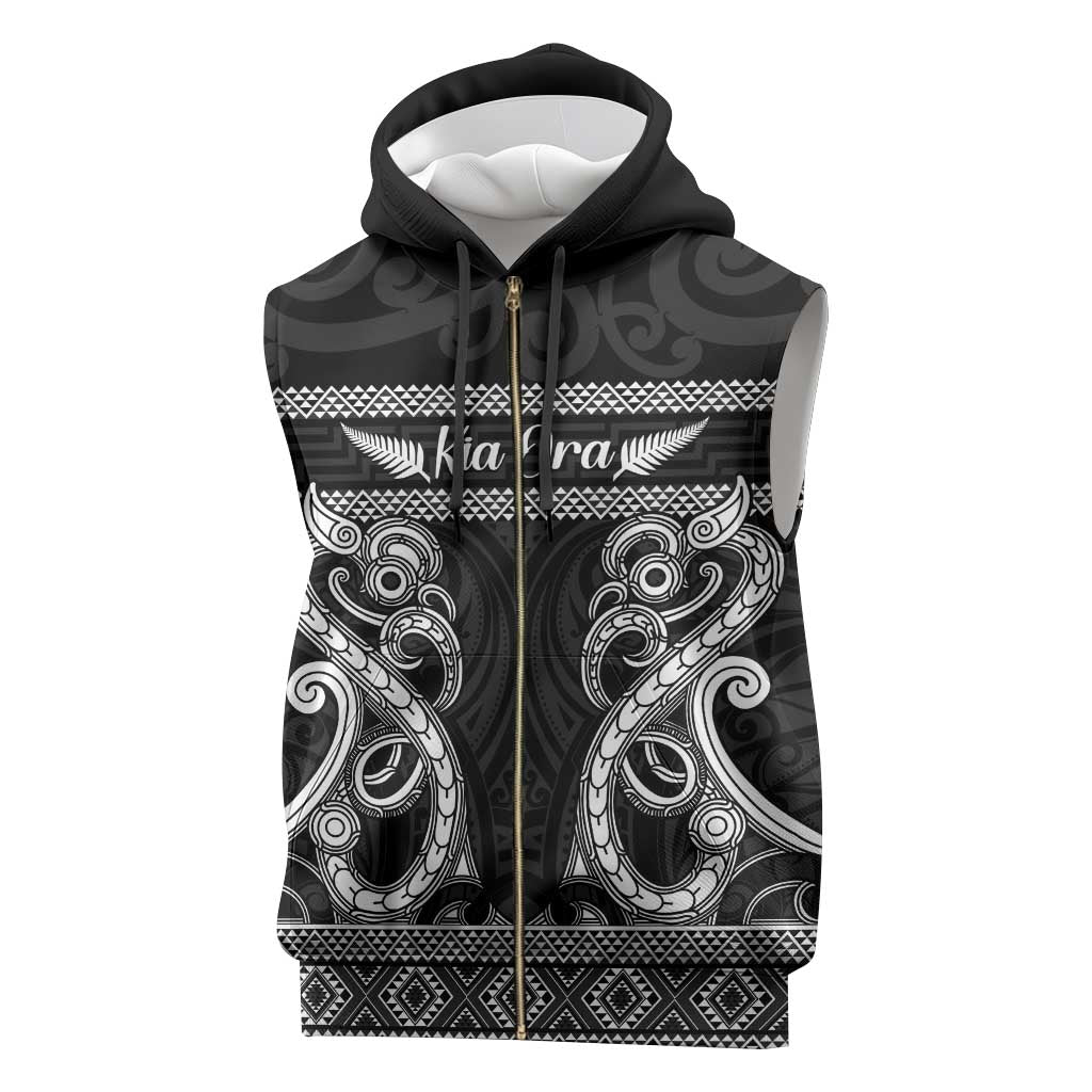 Kia Ora New Zealand Sleeveless Zip Hoodie Maori Language Week Pango Taniko Motif - Polynesian Pride
