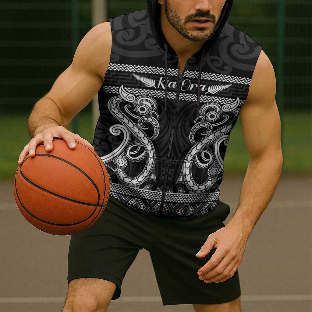 Kia Ora New Zealand Sleeveless Zip Hoodie Maori Language Week Pango Taniko Motif - Polynesian Pride