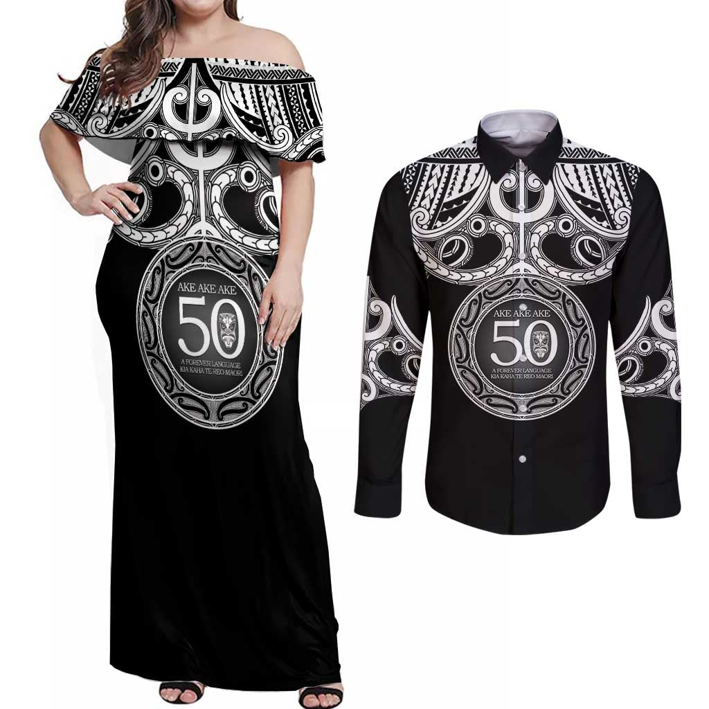 Kia Kaha Te Reo Maori New Zealand Couples Matching Off Shoulder Maxi Dress and Long Sleeve Button Shirt 50th Anniversary Ake Ake Ake LT14 Black - Polynesian Pride