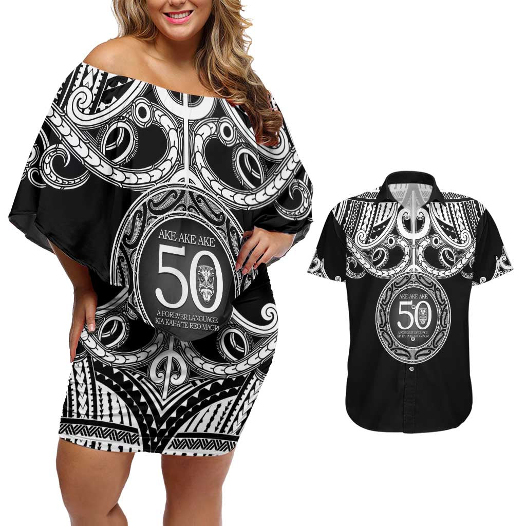 Kia Kaha Te Reo Maori New Zealand Couples Matching Off Shoulder Short Dress and Hawaiian Shirt 50th Anniversary Ake Ake Ake LT14 Black - Polynesian Pride