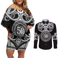 Kia Kaha Te Reo Maori New Zealand Couples Matching Off Shoulder Short Dress and Long Sleeve Button Shirt 50th Anniversary Ake Ake Ake LT14 Black - Polynesian Pride