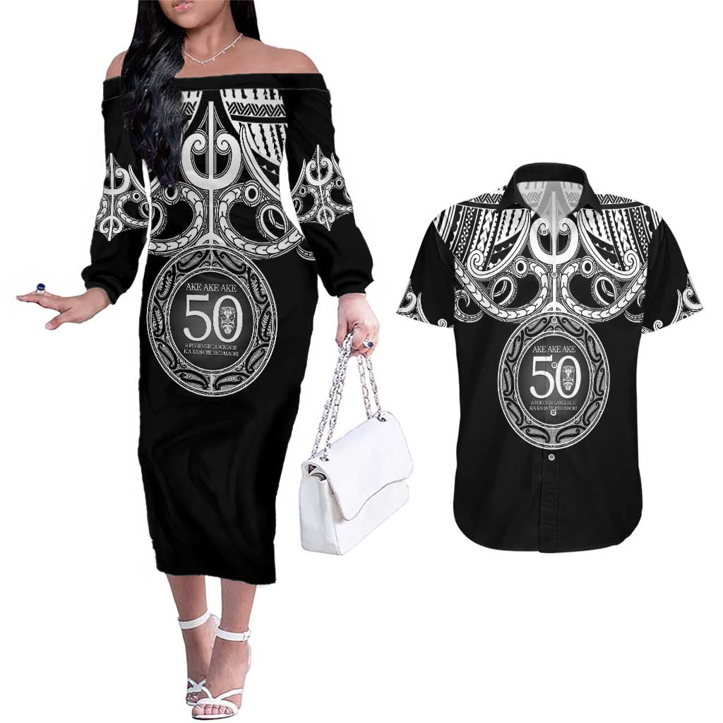Kia Kaha Te Reo Maori New Zealand Couples Matching Off The Shoulder Long Sleeve Dress and Hawaiian Shirt 50th Anniversary Ake Ake Ake LT14 Black - Polynesian Pride