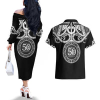 Kia Kaha Te Reo Maori New Zealand Couples Matching Off The Shoulder Long Sleeve Dress and Hawaiian Shirt 50th Anniversary Ake Ake Ake LT14 - Polynesian Pride