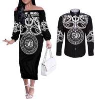 Kia Kaha Te Reo Maori New Zealand Couples Matching Off The Shoulder Long Sleeve Dress and Long Sleeve Button Shirt 50th Anniversary Ake Ake Ake LT14 Black - Polynesian Pride