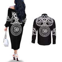 Kia Kaha Te Reo Maori New Zealand Couples Matching Off The Shoulder Long Sleeve Dress and Long Sleeve Button Shirt 50th Anniversary Ake Ake Ake LT14 - Polynesian Pride