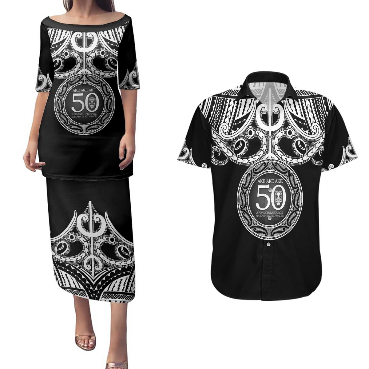 Kia Kaha Te Reo Maori New Zealand Couples Matching Puletasi and Hawaiian Shirt 50th Anniversary Ake Ake Ake LT14 Black - Polynesian Pride
