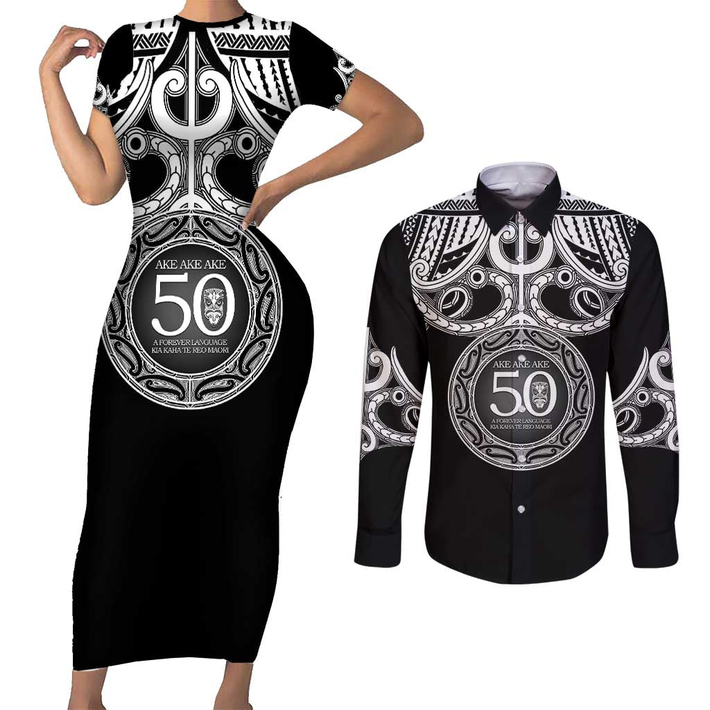Kia Kaha Te Reo Maori New Zealand Couples Matching Short Sleeve Bodycon Dress and Long Sleeve Button Shirt 50th Anniversary Ake Ake Ake LT14 Black - Polynesian Pride
