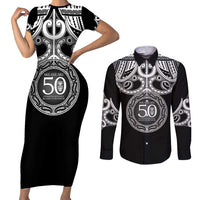 Kia Kaha Te Reo Maori New Zealand Couples Matching Short Sleeve Bodycon Dress and Long Sleeve Button Shirt 50th Anniversary Ake Ake Ake LT14 Black - Polynesian Pride