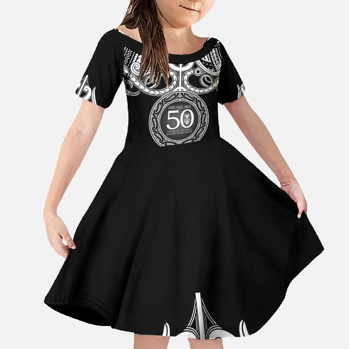 Kia Kaha Te Reo Maori New Zealand Family Matching Off The Shoulder Long Sleeve Dress and Hawaiian Shirt 50th Anniversary Ake Ake Ake LT14 Daughter's Dress Black - Polynesian Pride
