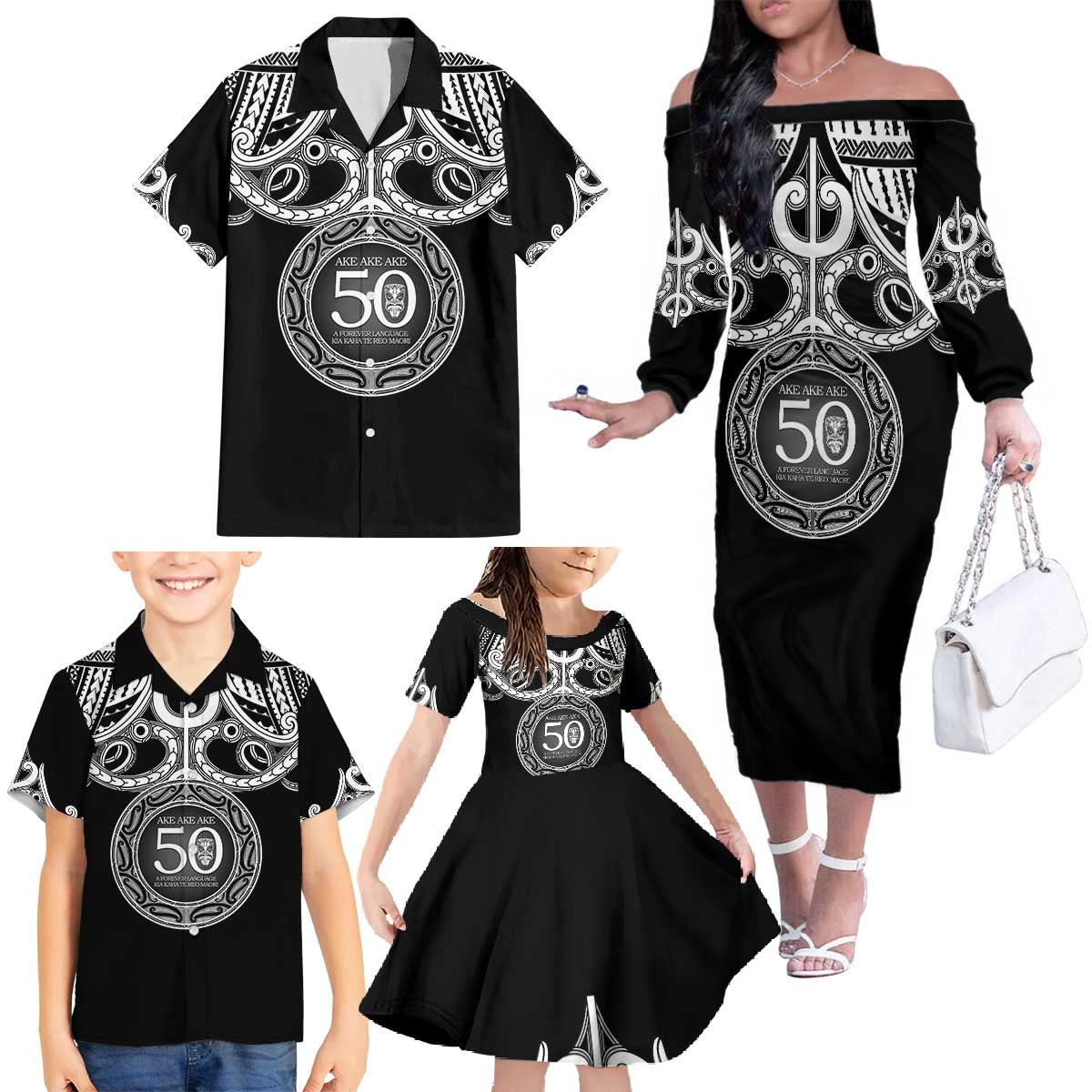 Kia Kaha Te Reo Maori New Zealand Family Matching Off The Shoulder Long Sleeve Dress and Hawaiian Shirt 50th Anniversary Ake Ake Ake LT14 - Polynesian Pride