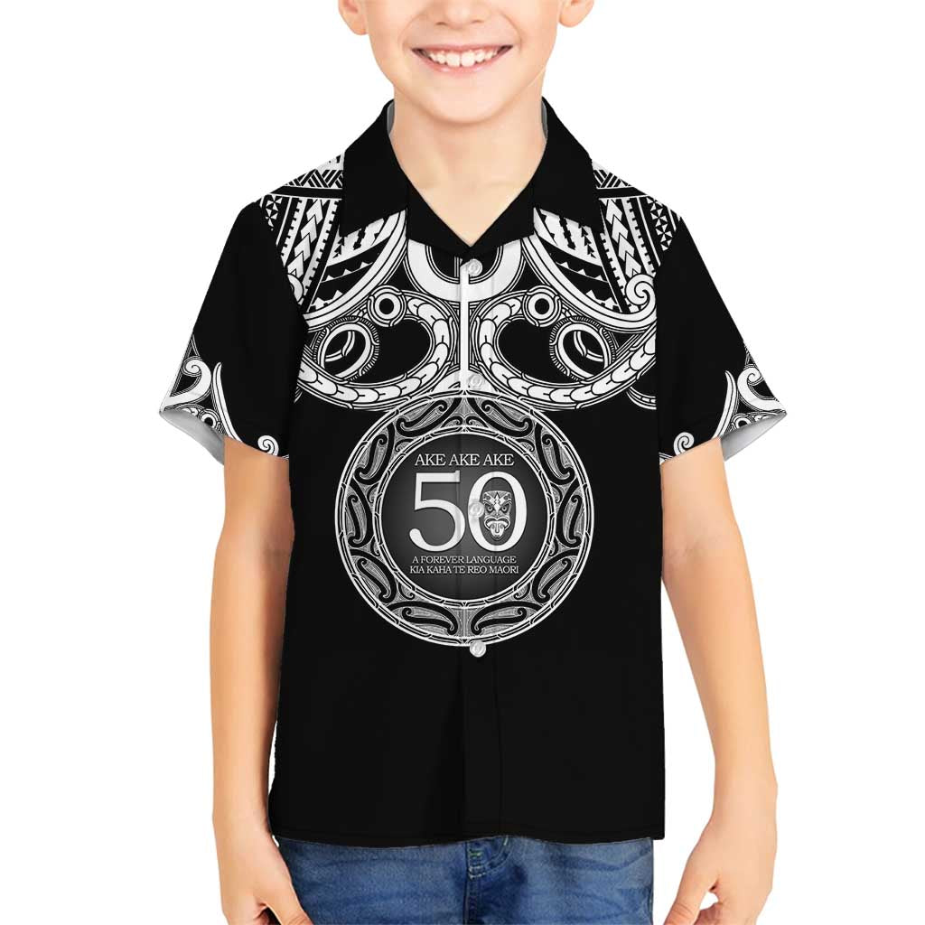 Kia Kaha Te Reo Maori New Zealand Family Matching Off Shoulder Short Dress and Hawaiian Shirt 50th Anniversary Ake Ake Ake LT14 Son's Shirt Black - Polynesian Pride