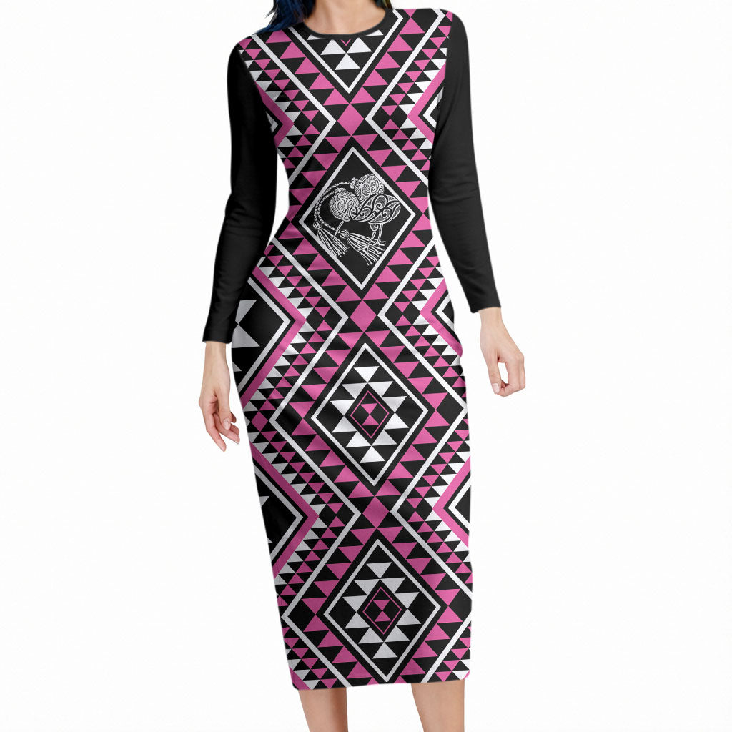 New Zealand Mawhero Taniko Motifs Long Sleeve Bodycon Dress Maori Poi Dance Costume Inspired LT14 Long Dress Pink - Polynesian Pride