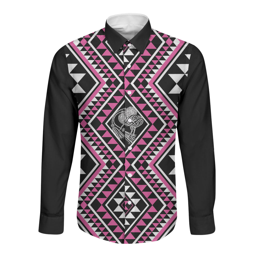 New Zealand Mawhero Taniko Motifs Long Sleeve Button Shirt Maori Poi Dance Costume Inspired LT14 Unisex Pink - Polynesian Pride