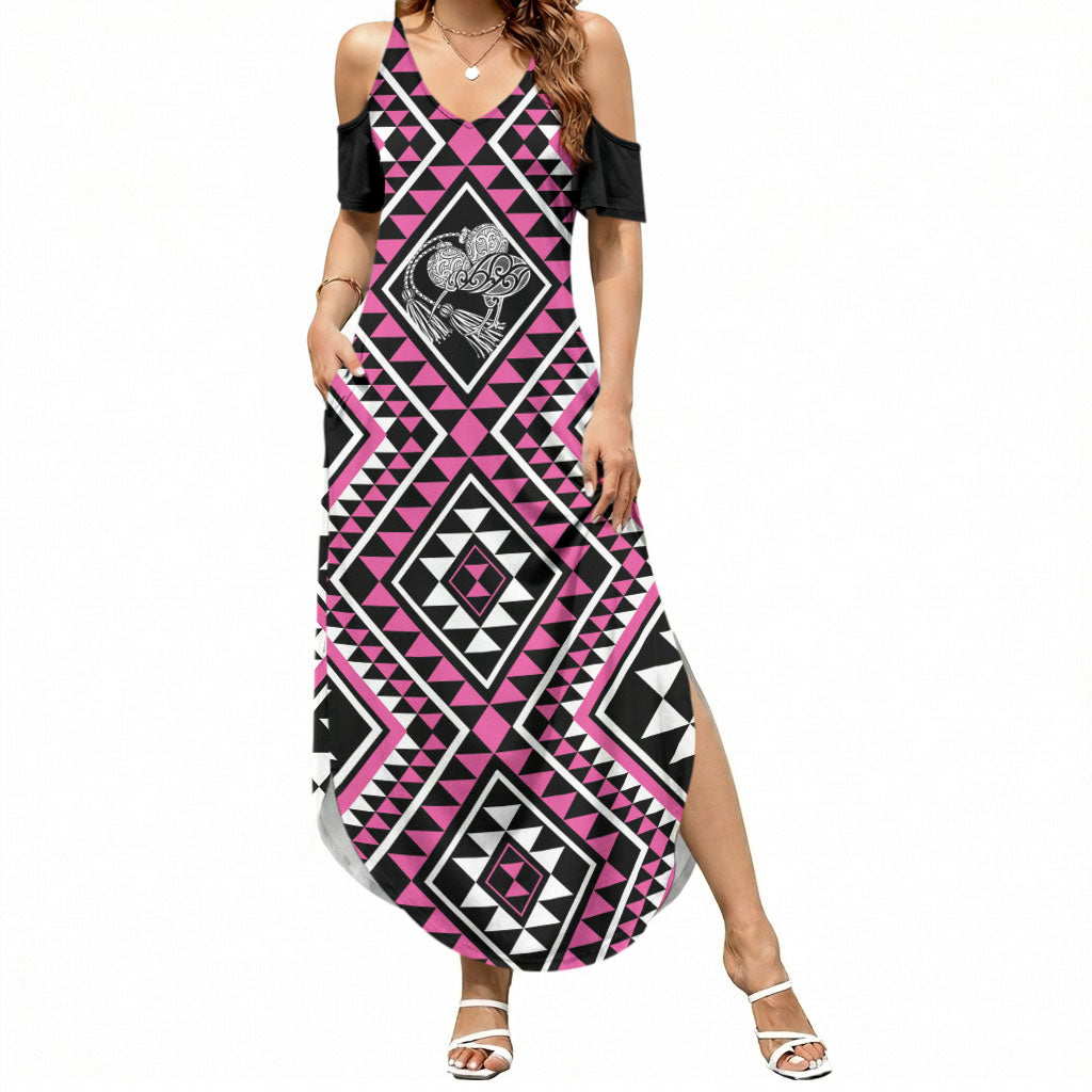 New Zealand Mawhero Taniko Motifs Summer Maxi Dress Maori Poi Dance Costume Inspired LT14 Women Pink - Polynesian Pride