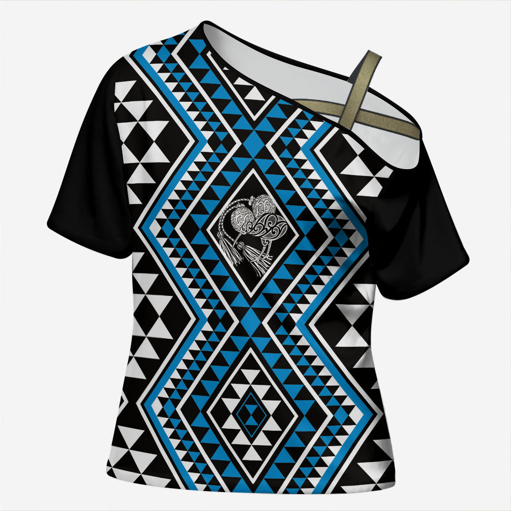 New Zealand Kikorangi Taniko Motifs Cross Shoulder Shirt Maori Poi Dance Costume Inspired LT14 Female Blue - Polynesian Pride