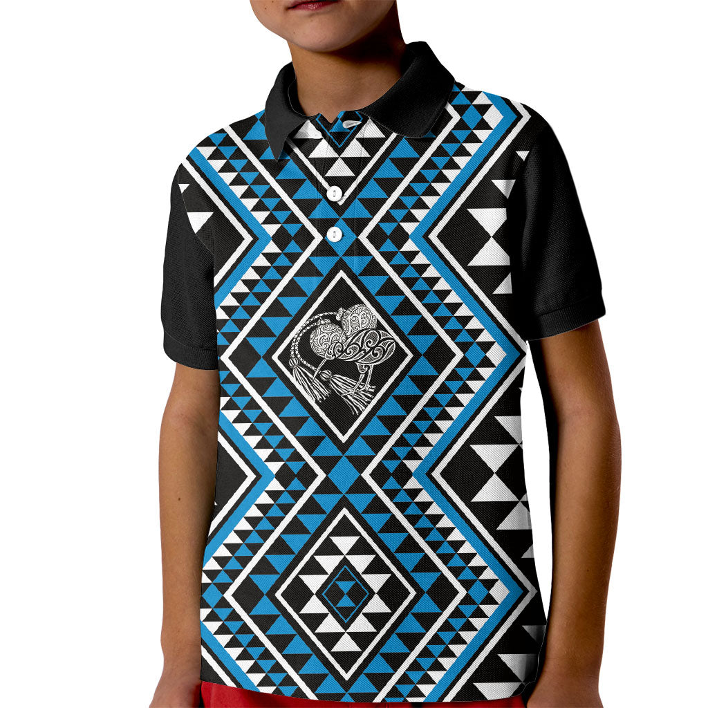 New Zealand Kikorangi Taniko Motifs Kid Polo Shirt Maori Poi Dance Costume Inspired LT14 Kid Blue - Polynesian Pride