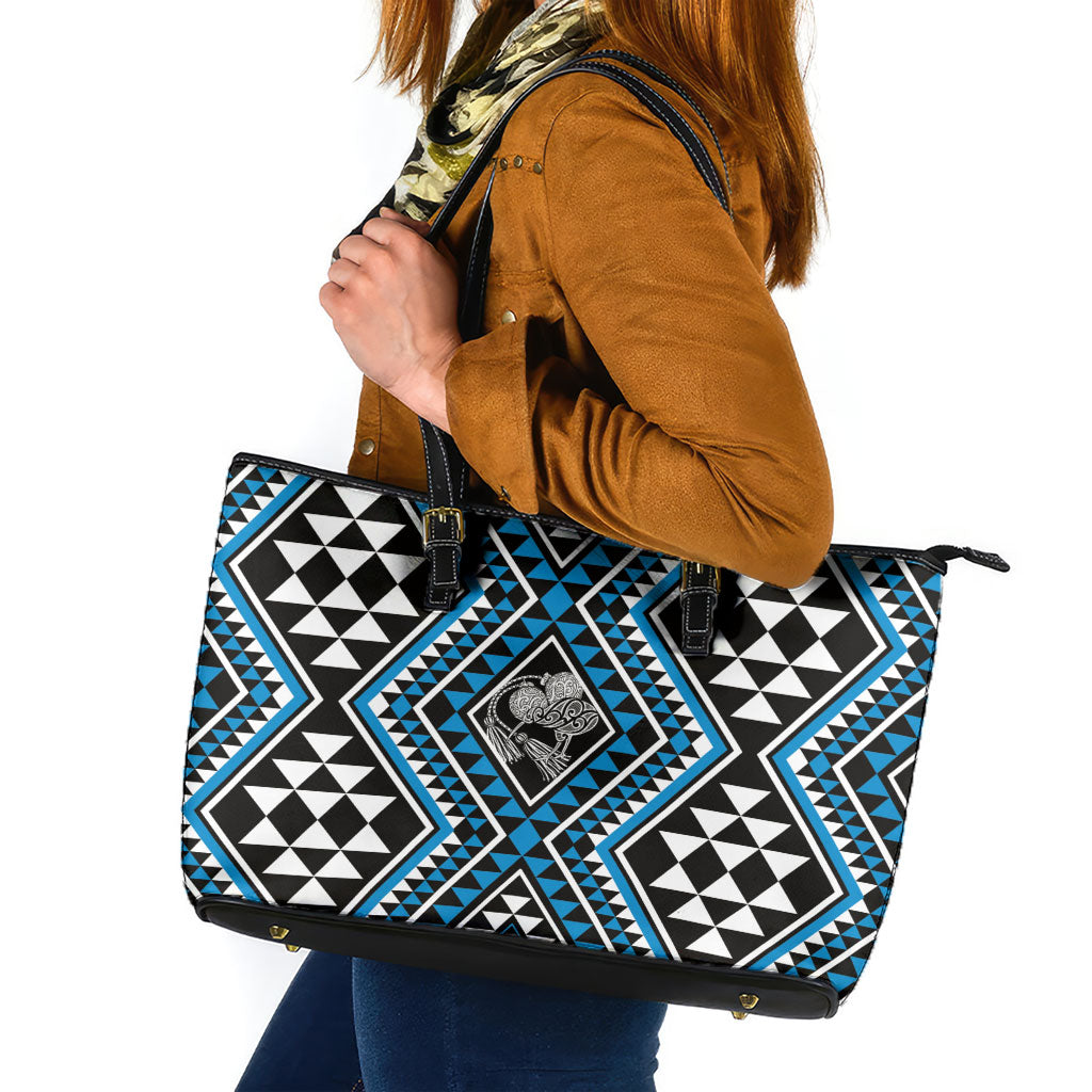 New Zealand Kikorangi Taniko Motifs Leather Tote Bag Maori Poi Dance Costume Inspired LT14 Blue - Polynesian Pride