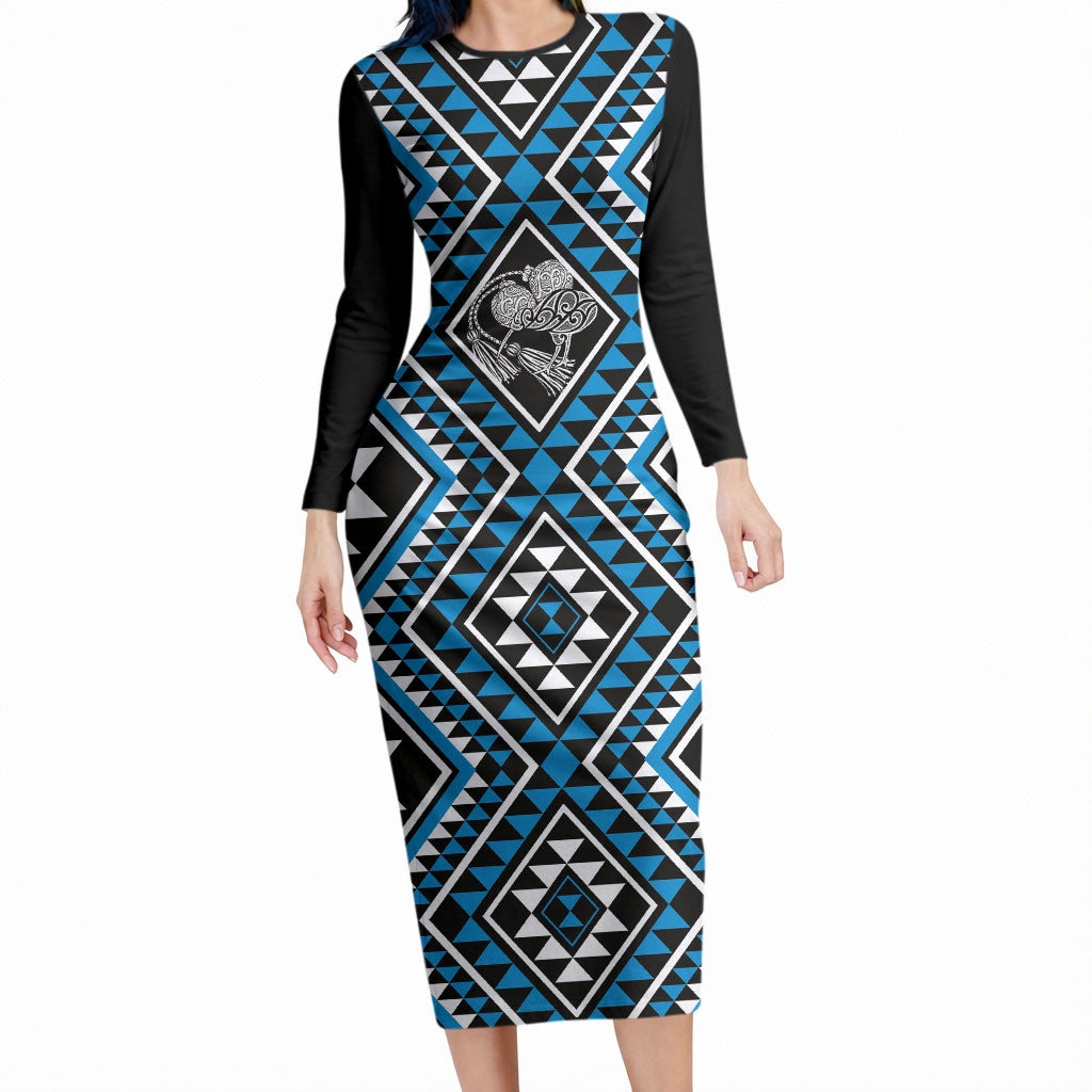 New Zealand Kikorangi Taniko Motifs Long Sleeve Bodycon Dress Maori Poi Dance Costume Inspired LT14 Long Dress Blue - Polynesian Pride