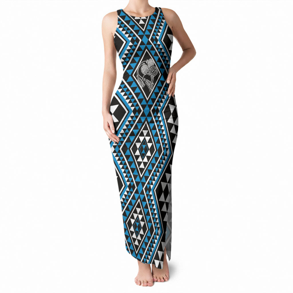 New Zealand Kikorangi Taniko Motifs Tank Maxi Dress Maori Poi Dance Costume Inspired LT14 Women Blue - Polynesian Pride