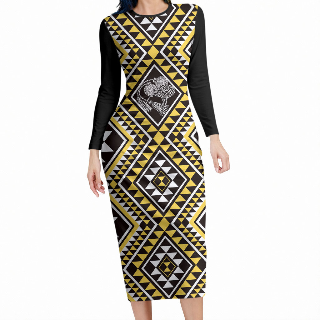 New Zealand Kowhai Taniko Motifs Long Sleeve Bodycon Dress Maori Poi Dance Costume Inspired LT14 Long Dress Yellow - Polynesian Pride