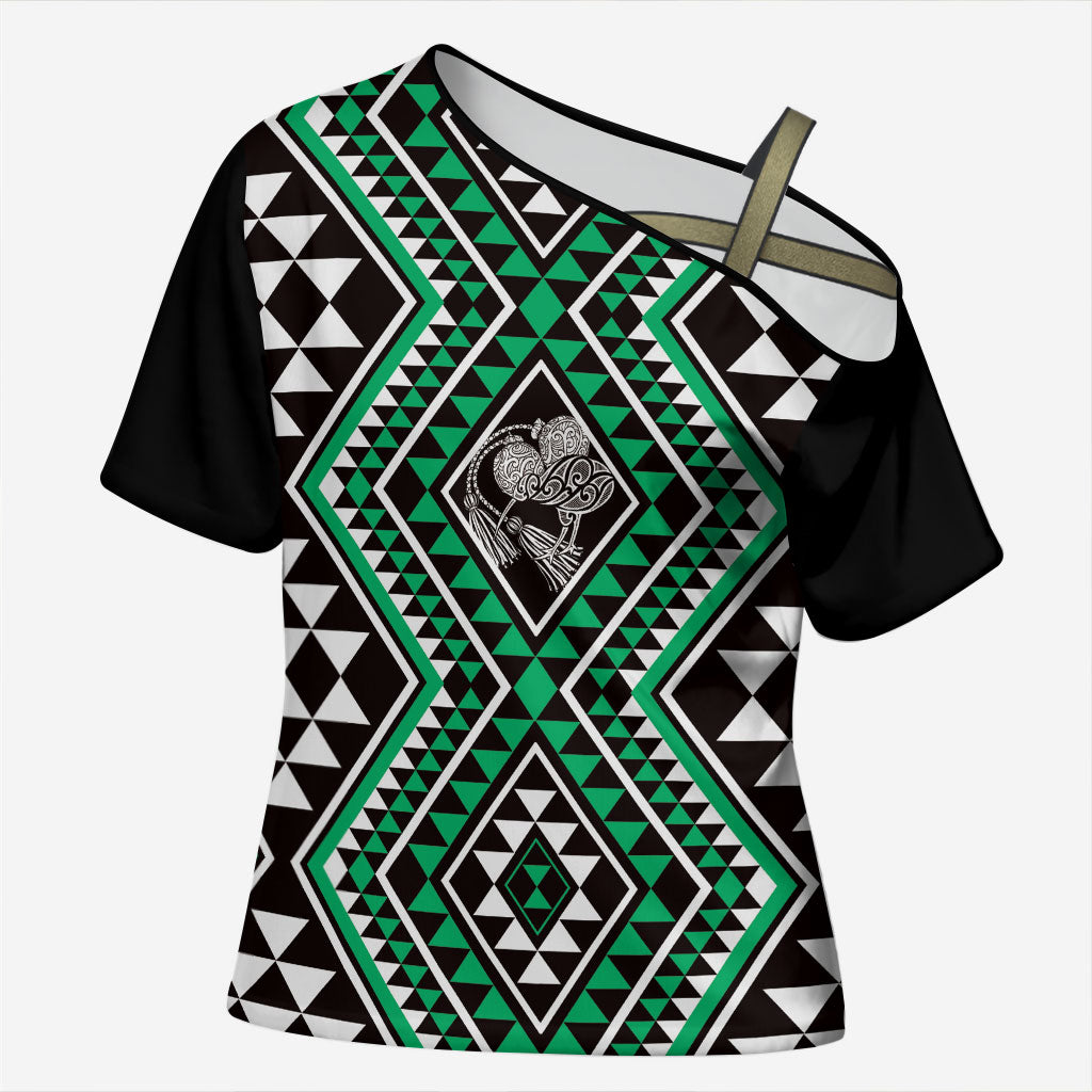 New Zealand Kakariki Taniko Motifs Cross Shoulder Shirt Maori Poi Dance Costume Inspired LT14 Female Green - Polynesian Pride