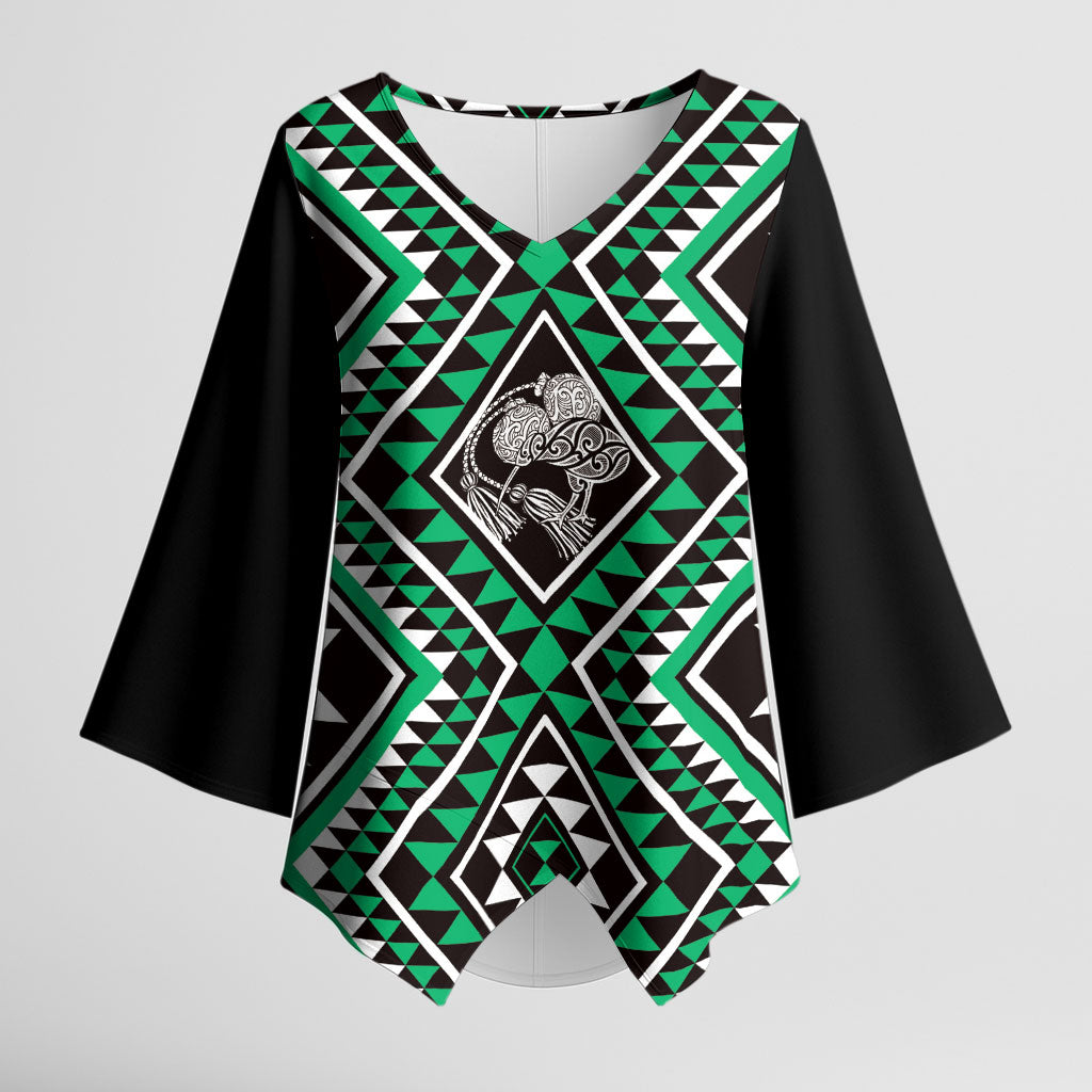 New Zealand Kakariki Taniko Motifs Kimono Sleeve Blouse Maori Poi Dance Costume Inspired LT14 Female Green - Polynesian Pride