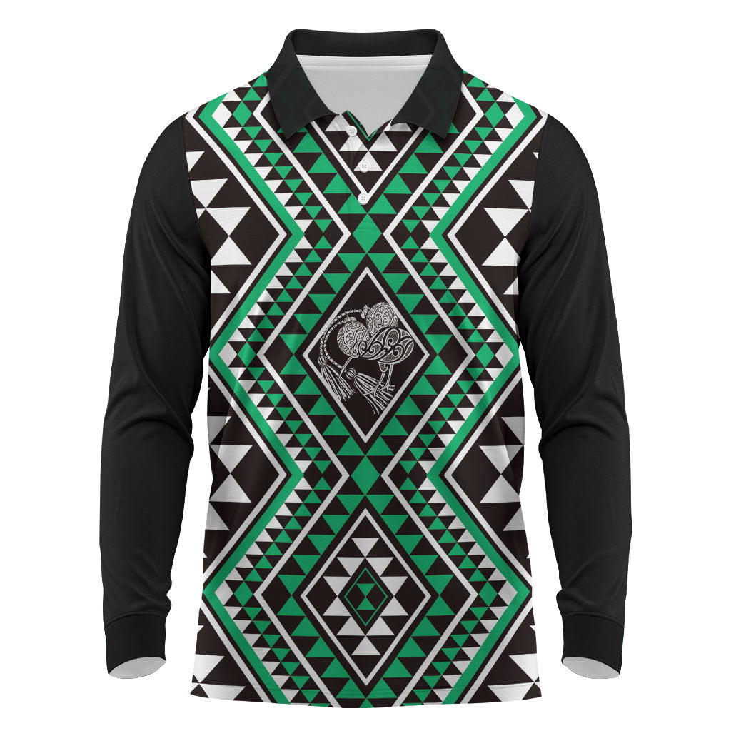 New Zealand Kakariki Taniko Motifs Long Sleeve Polo Shirt Maori Poi Dance Costume Inspired LT14 Green - Polynesian Pride