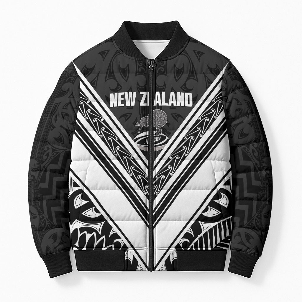 New Zealand Silver Fern Rugby Custom Bomber Puffer Jacket Go Wheel Kiwi Maori Pattern LT14 Unisex White - Polynesian Pride