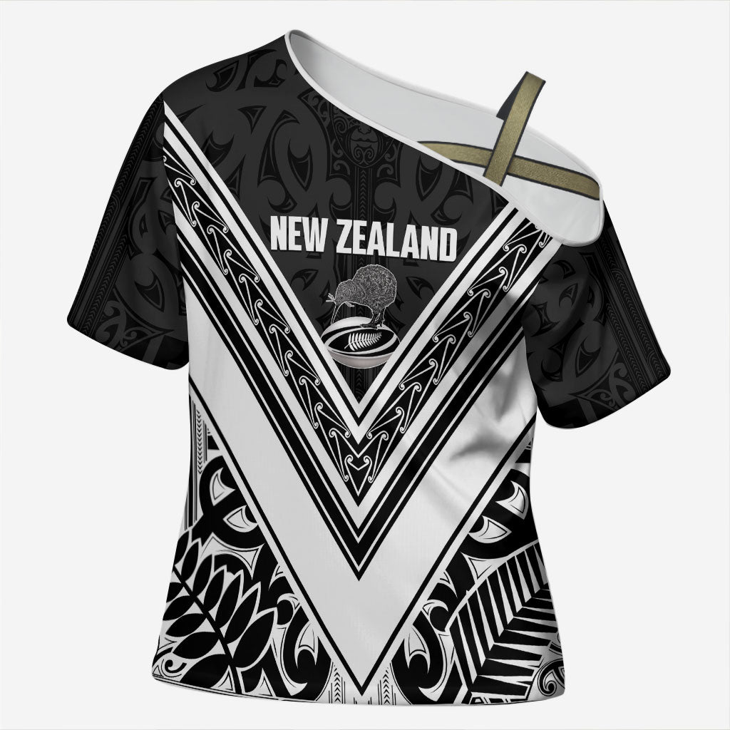 New Zealand Silver Fern Rugby Custom Cross Shoulder Shirt Go Wheel Kiwi Maori Pattern LT14 Female White - Polynesian Pride