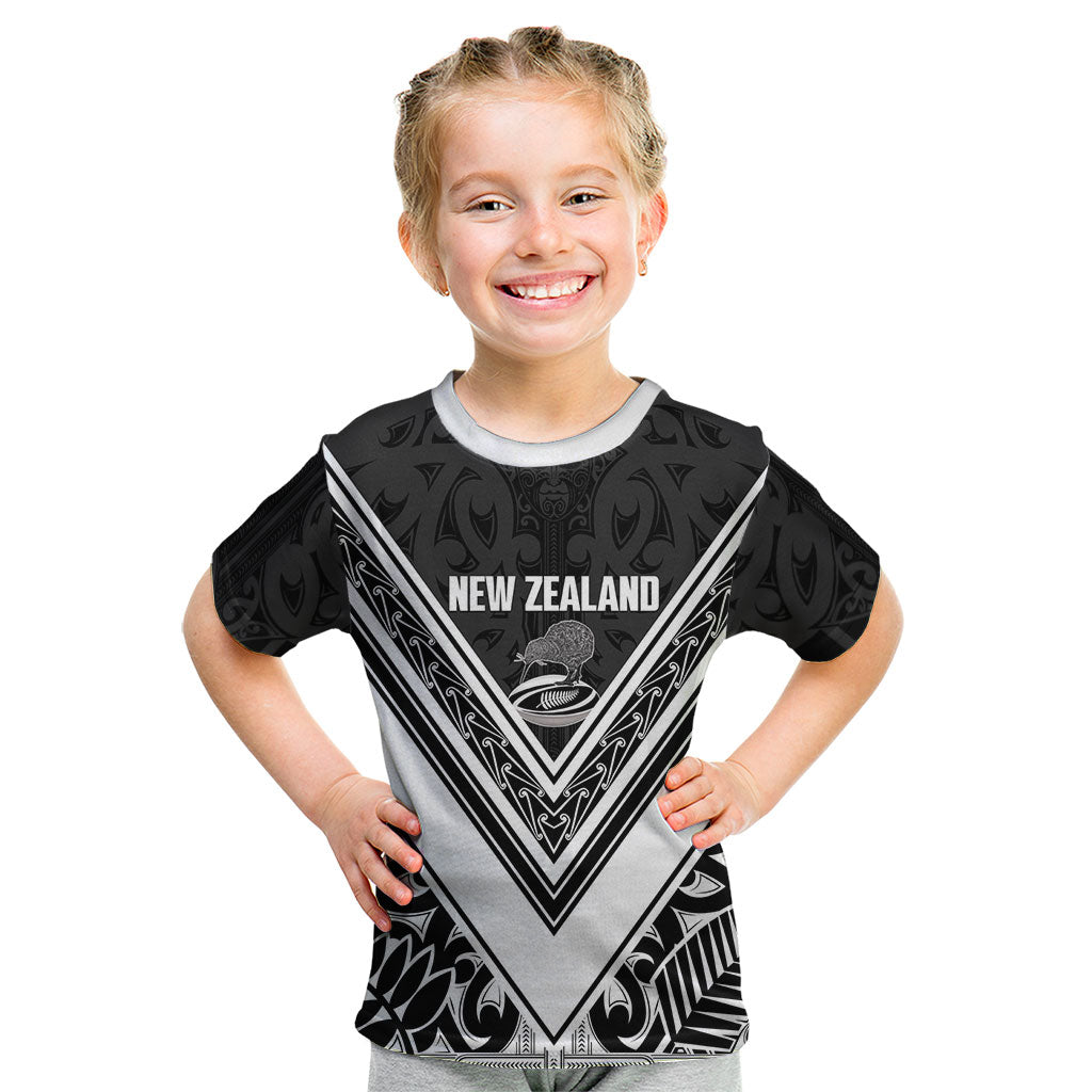 New Zealand Silver Fern Rugby Custom Kid T Shirt Go Wheel Kiwi Maori Pattern LT14 White - Polynesian Pride