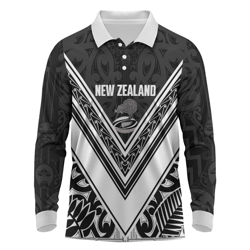 New Zealand Silver Fern Rugby Custom Long Sleeve Polo Shirt Go Wheel Kiwi Maori Pattern LT14 White - Polynesian Pride
