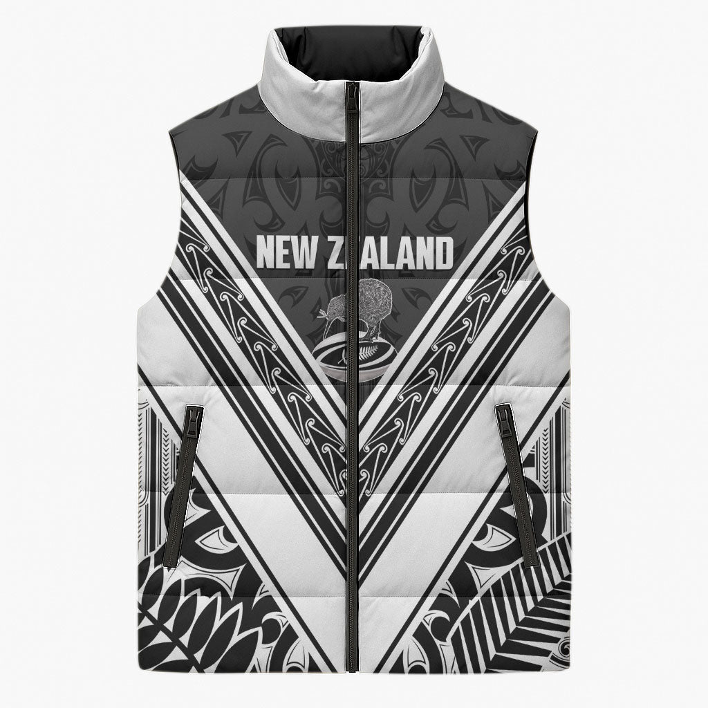 New Zealand Silver Fern Rugby Custom Sleeveless Puffer Jacket Go Wheel Kiwi Maori Pattern LT14 Unisex White - Polynesian Pride