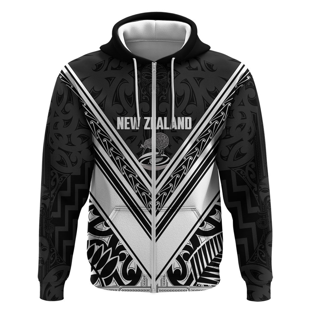 New Zealand Silver Fern Rugby Custom Zip Hoodie Go Wheel Kiwi Maori Pattern LT14 Zip Hoodie White - Polynesian Pride