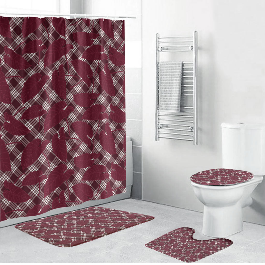 Burgundy Hawaii Kalo Palaka Motifs Bathroom Set Hawaiian Taro Leaves Elegant Vibes LT14 Bathroom Set (4 pcs) Burgundy - Polynesian Pride