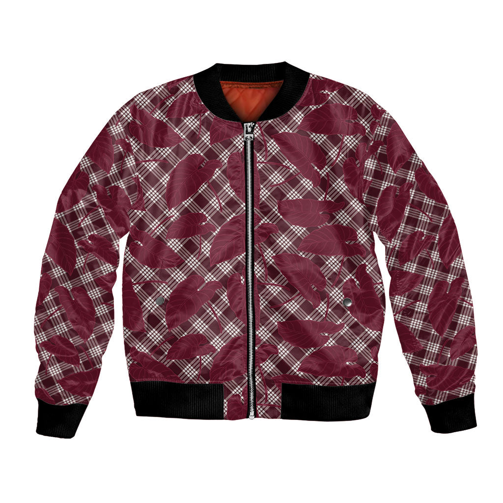 Burgundy Hawaii Kalo Palaka Motifs Bomber Jacket Hawaiian Taro Leaves Elegant Vibes LT14 Unisex Burgundy - Polynesian Pride