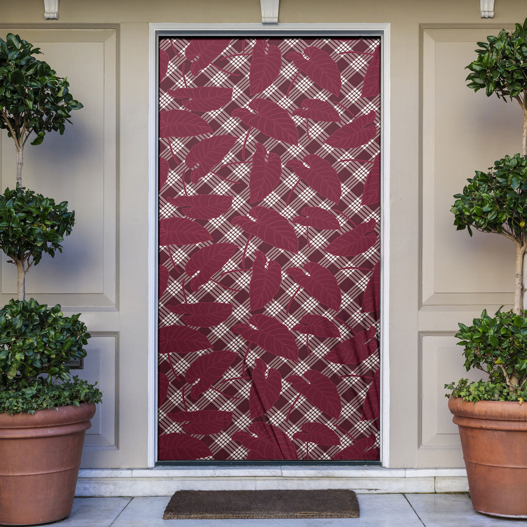Burgundy Hawaii Kalo Palaka Motifs Door Cover Hawaiian Taro Leaves Elegant Vibes LT14 Burgundy - Polynesian Pride