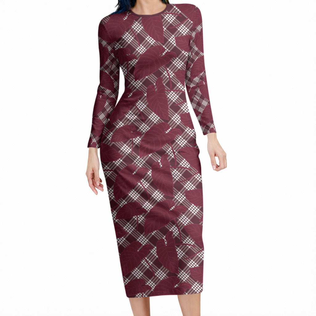 Burgundy Hawaii Kalo Palaka Motifs Long Sleeve Bodycon Dress Hawaiian Taro Leaves Elegant Vibes LT14 Long Dress Burgundy - Polynesian Pride