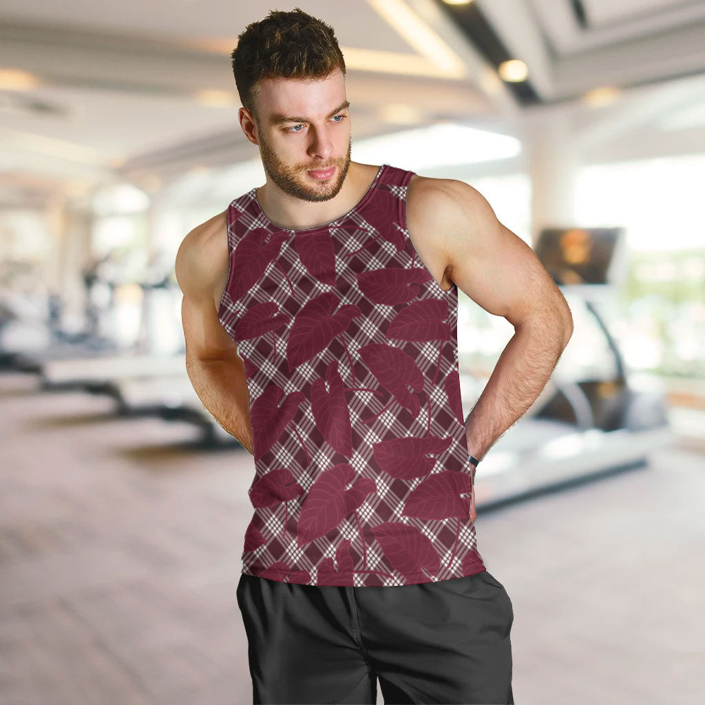 Burgundy Hawaii Kalo Palaka Motifs Men Tank Top Hawaiian Taro Leaves Elegant Vibes LT14 Burgundy - Polynesian Pride