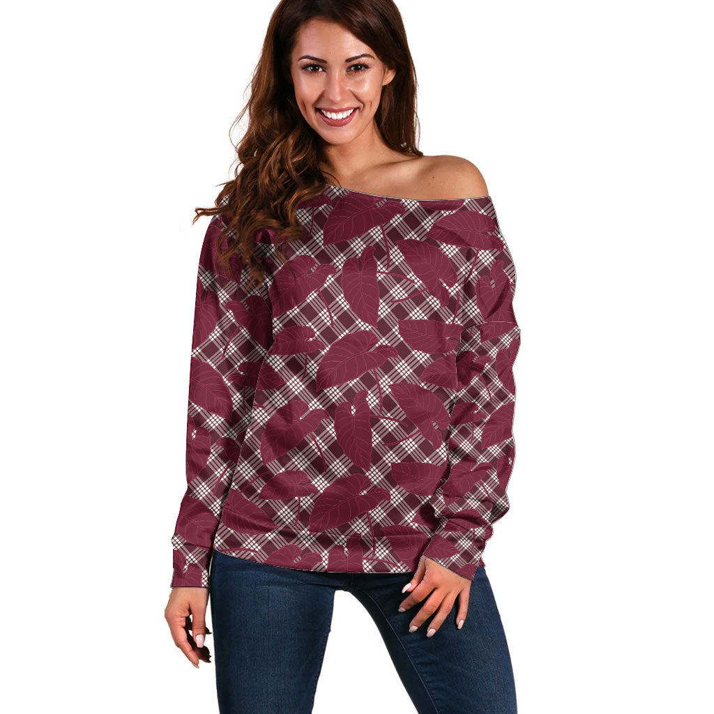Burgundy Hawaii Kalo Palaka Motifs Off Shoulder Sweater Hawaiian Taro Leaves Elegant Vibes LT14 Women Burgundy - Polynesian Pride