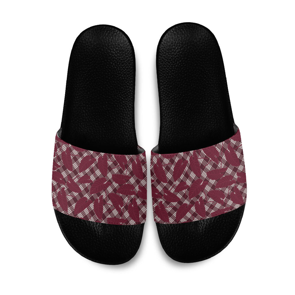 Burgundy Hawaii Kalo Palaka Motifs Slide Sandals Hawaiian Taro Leaves Elegant Vibes LT14 Burgundy - Polynesian Pride