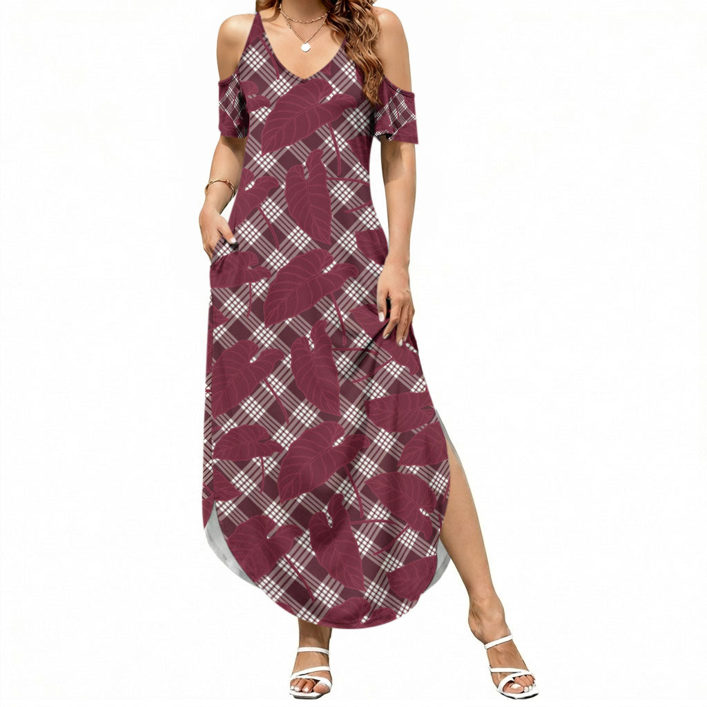 Burgundy Hawaii Kalo Palaka Motifs Summer Maxi Dress Hawaiian Taro Leaves Elegant Vibes LT14 Women Burgundy - Polynesian Pride