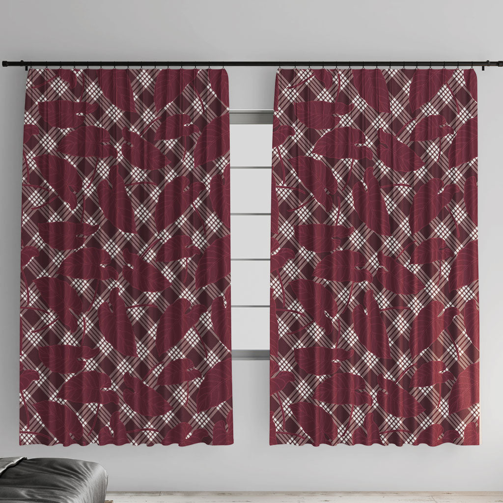 Burgundy Hawaii Kalo Palaka Motifs Window Curtain Hawaiian Taro Leaves Elegant Vibes LT14 With Hooks Burgundy - Polynesian Pride