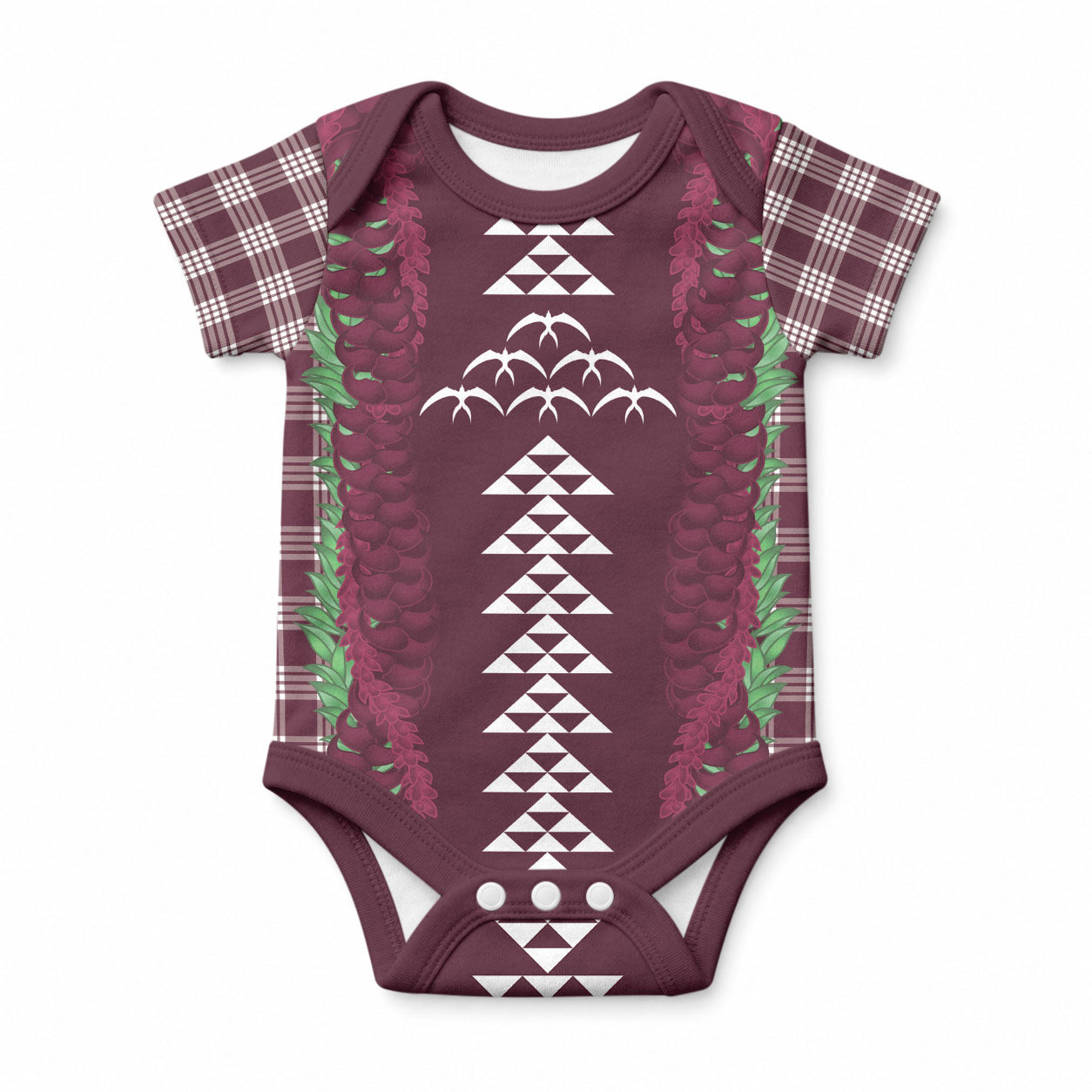 Burgundy Palaka Hawaii Iwa Bird Baby Onesie Hawaiian Kakau Jade Vine Lei LT14 Burgundy - Polynesian Pride