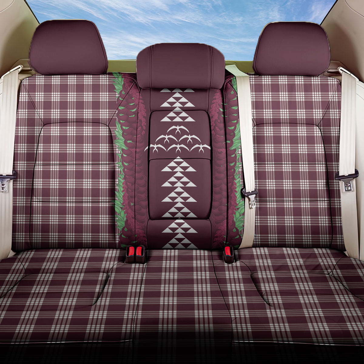 Burgundy Palaka Hawaii Iwa Bird Back Car Seat Cover Hawaiian Kakau Jade Vine Lei LT14 One Size Burgundy - Polynesian Pride